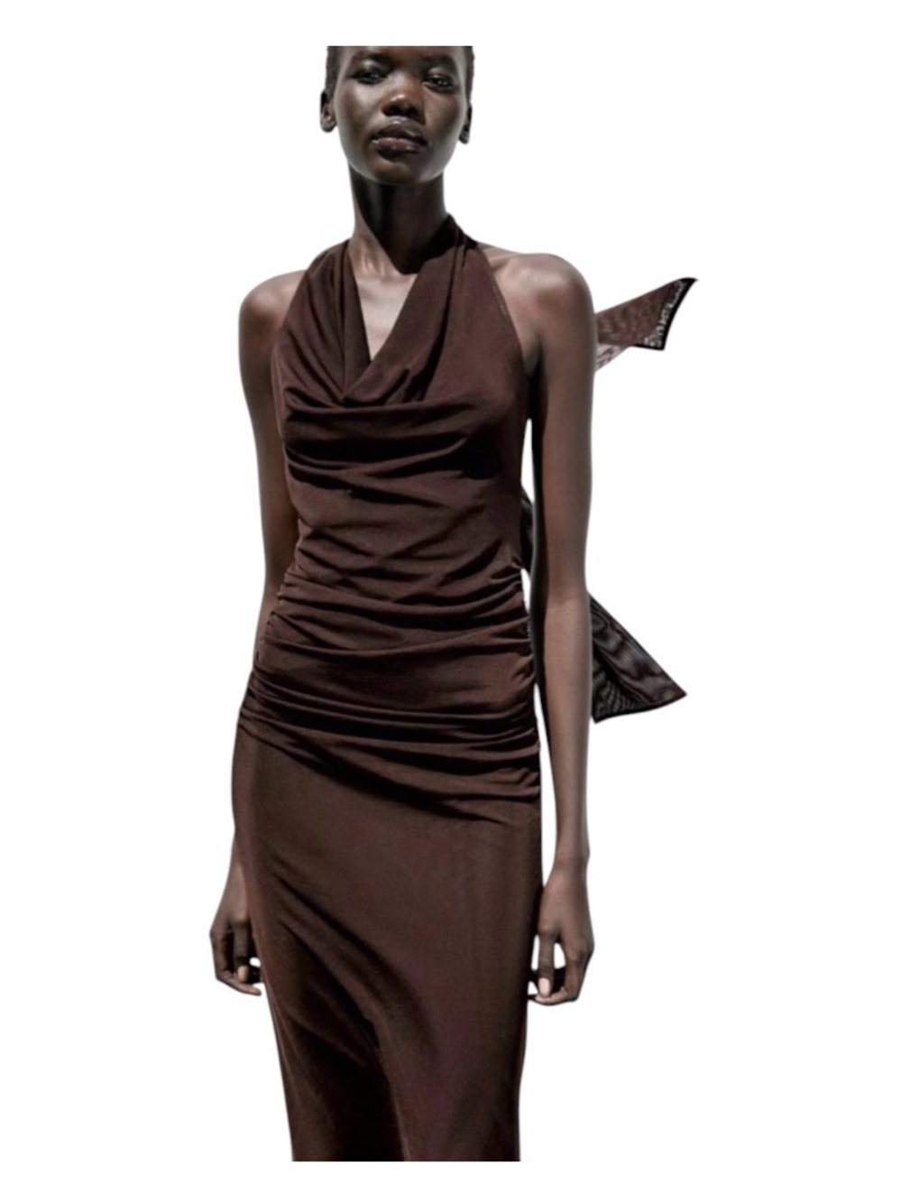Zara Brown Draped Ruched Halter Maxi Dress Size M Open Back $70 Retail